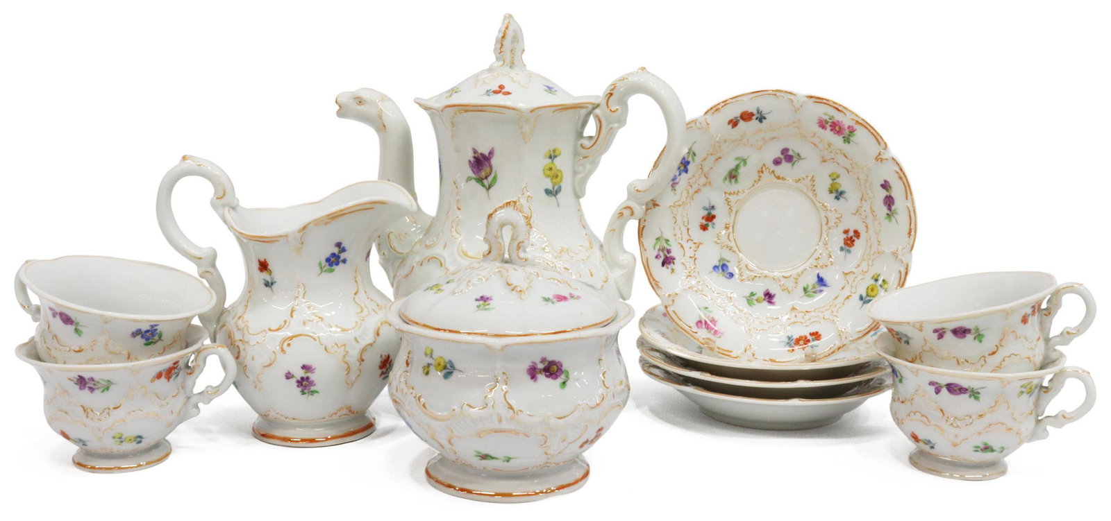 (11) MEISSEN PORCELAIN FLORAL COFFEE SERVICE: (set of 11) Diminutive Meissen coffee service, orange luster trim lining raised reserves scattered with hand-painted flowers, comprising: (1) coffee pot with figural spout, approx 7.5"h, 4.5"w, 6.5"d 