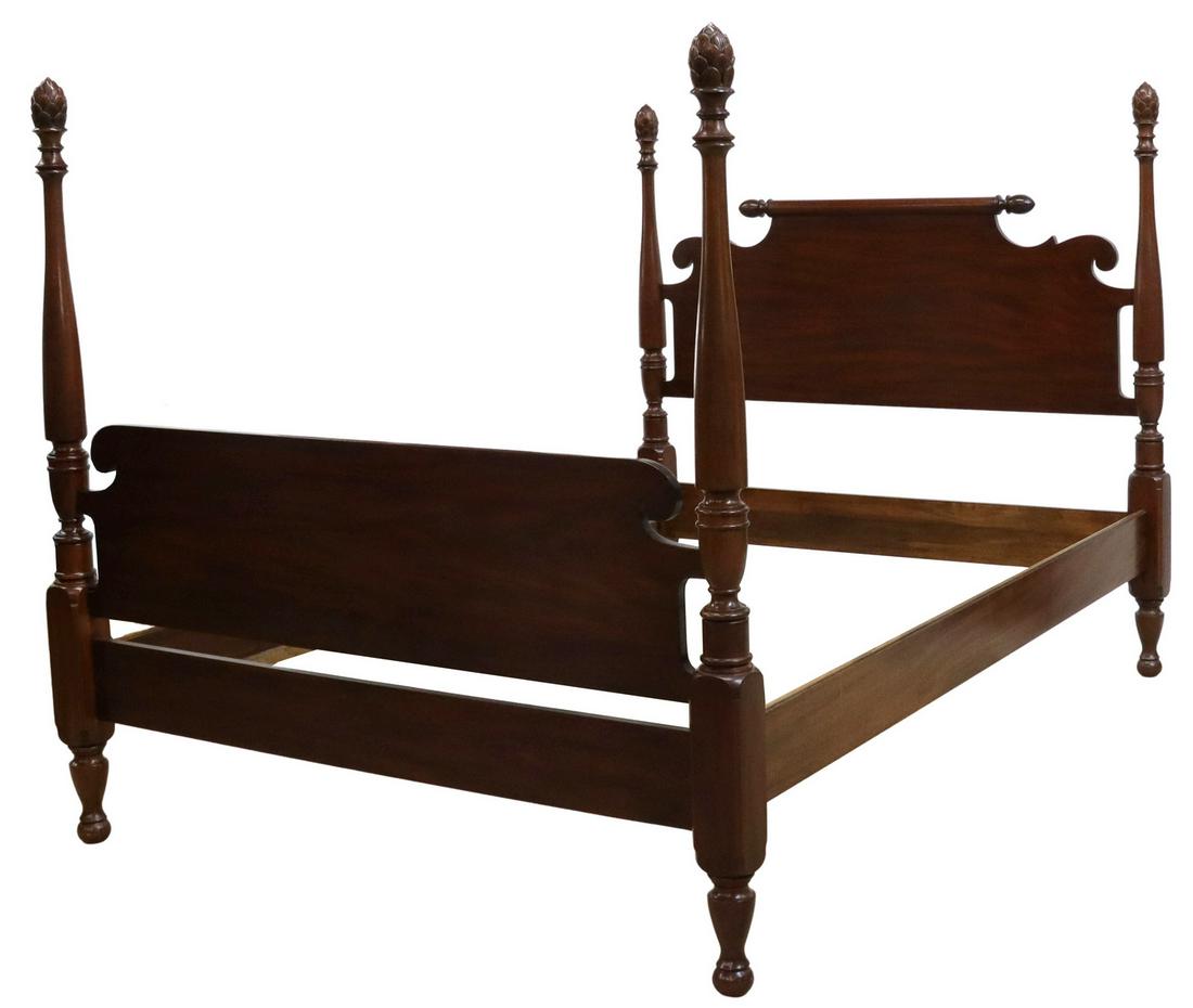 HENKEL HARRIS MAHOGANY FULL-SIZE FOUR-POSTER BED: American Federal style mahogany full-size four-poster bed, Henkel Harris, late 20th c., carved pineapple finials over tapered posts, scrolled headboard with rolling pin crest, matching footboard, all