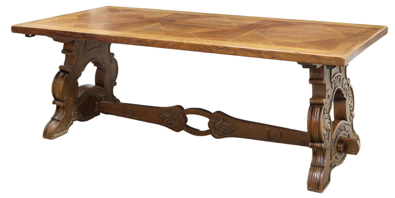 LARGE SPANISH BAROQUE STYLE OAK DINING TABLE: Spanish Baroque style oak dining table, early 20th c., rectangular parquetry top, rising on ox yoke legs, joined by cross stretcher, approx 29.25"h, 78.75"w, 37.25"d Start Price: $200.00
