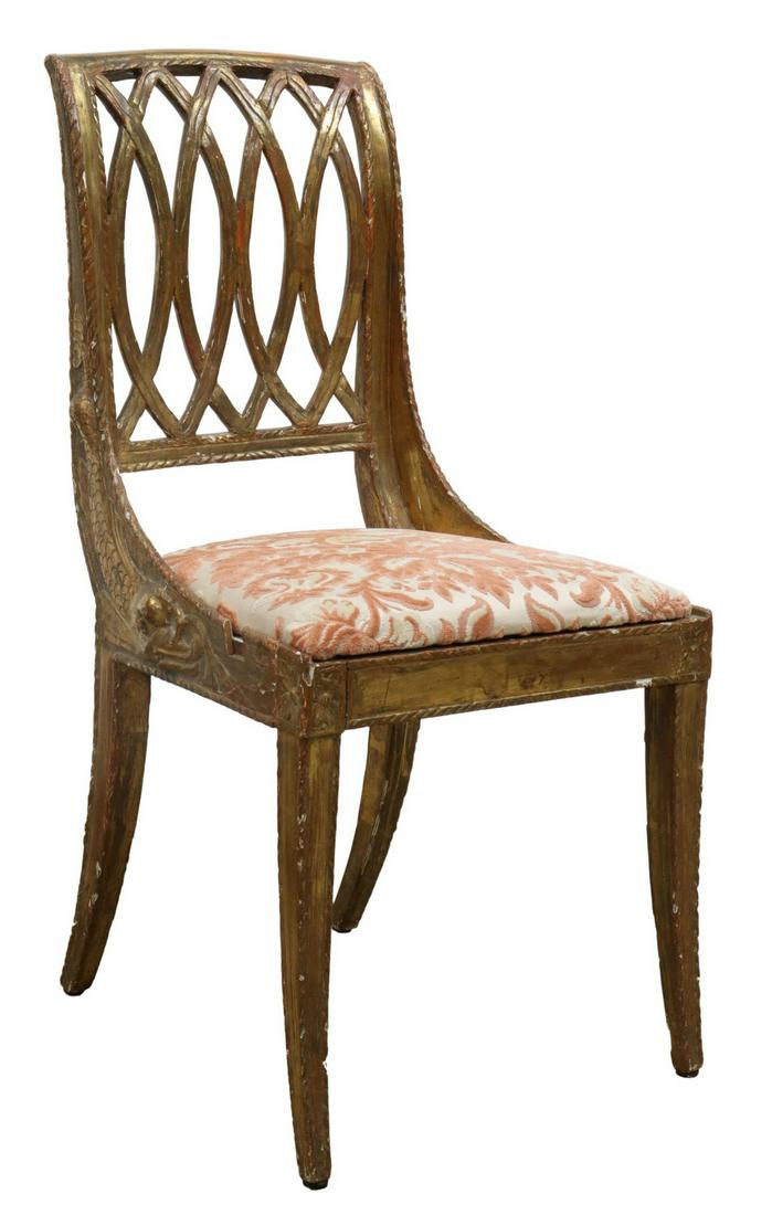 CONTINENTAL EMPIRE GILTWOOD DOLPHIN SIDE CHAIR: Continental Empire giltwood side chair, possibly Italian, early 19th c., scrolled back with interlaced strapwork splats, the flared seat frame carved with dolphins, upholstered slip seat, rising on sa
