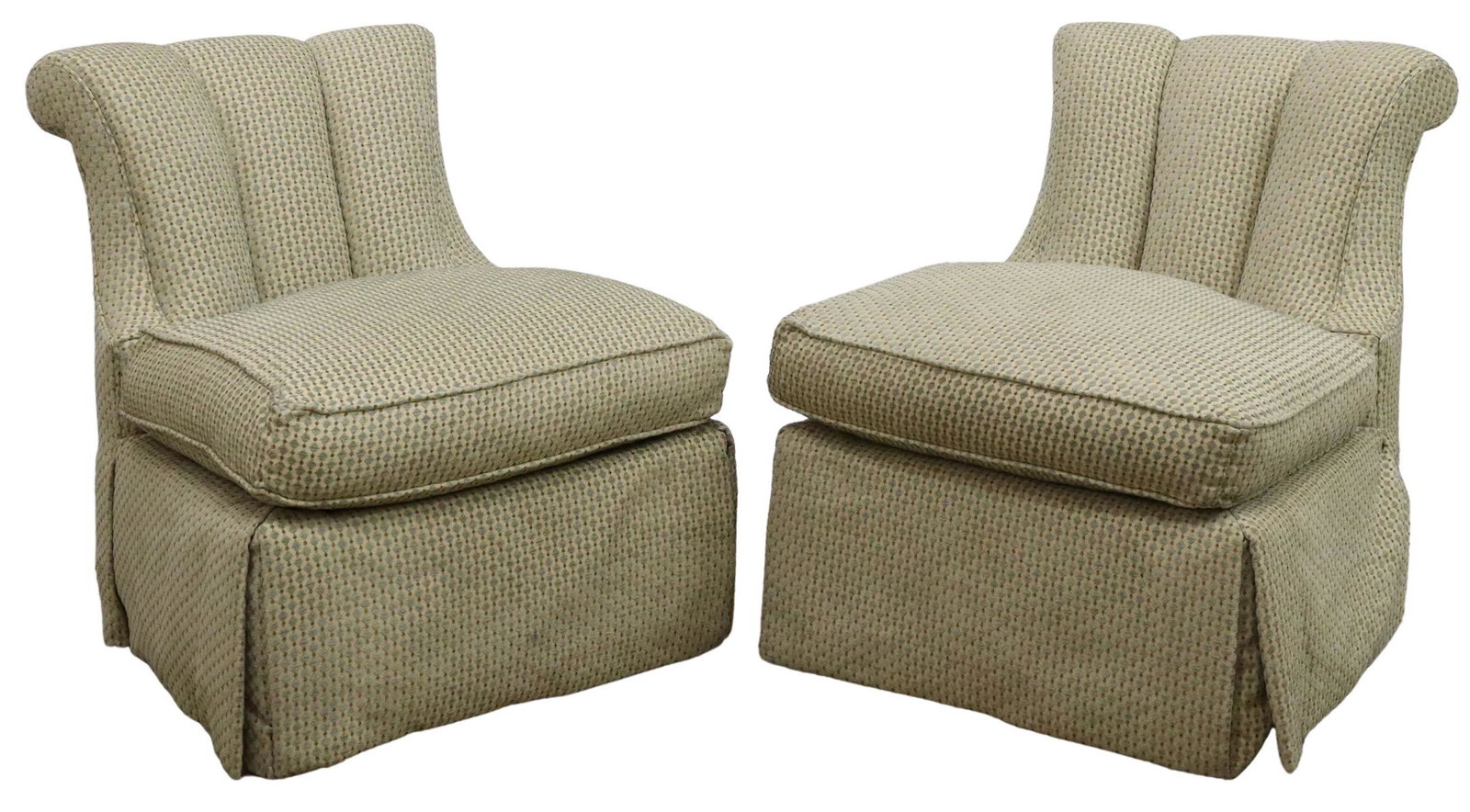 (2) CONTEMPORARY UPHOLSTERED SLIPPER CHAIRS: (lot of 2) Contemporary upholstered slipper chairs, late 20th c., diamond-patterned textile, rolled back, loose seat cushion, skirted base concealing tapered wood legs, approx 32"h, 27"w, 29"d, seat h