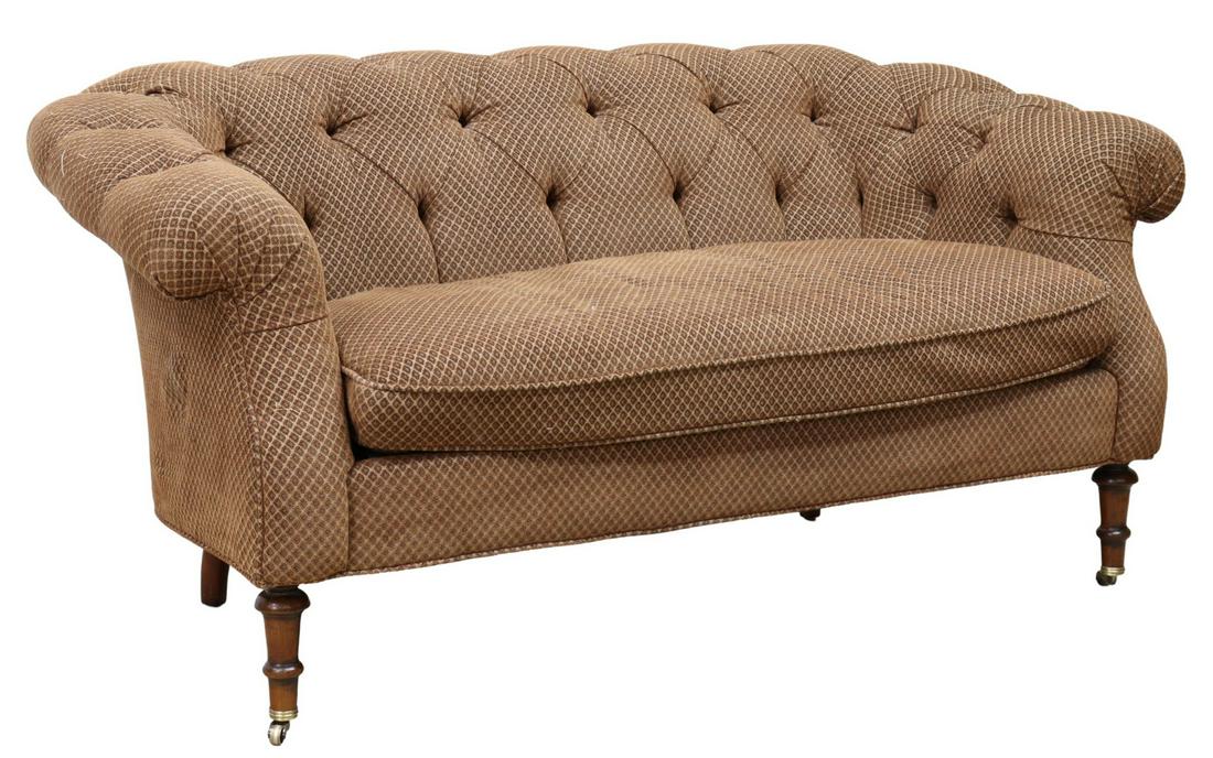 SOUTHWOOD FURNITURE UPHOLSTERED LOVESEAT SOFA: Upholstered loveseat/ sofa, Southwood Furniture, North Carolina, late 20th c., button-tufted rolled back and arms, loose bench seat cushion with poly/ down fill, rising on turned front legs, ending in