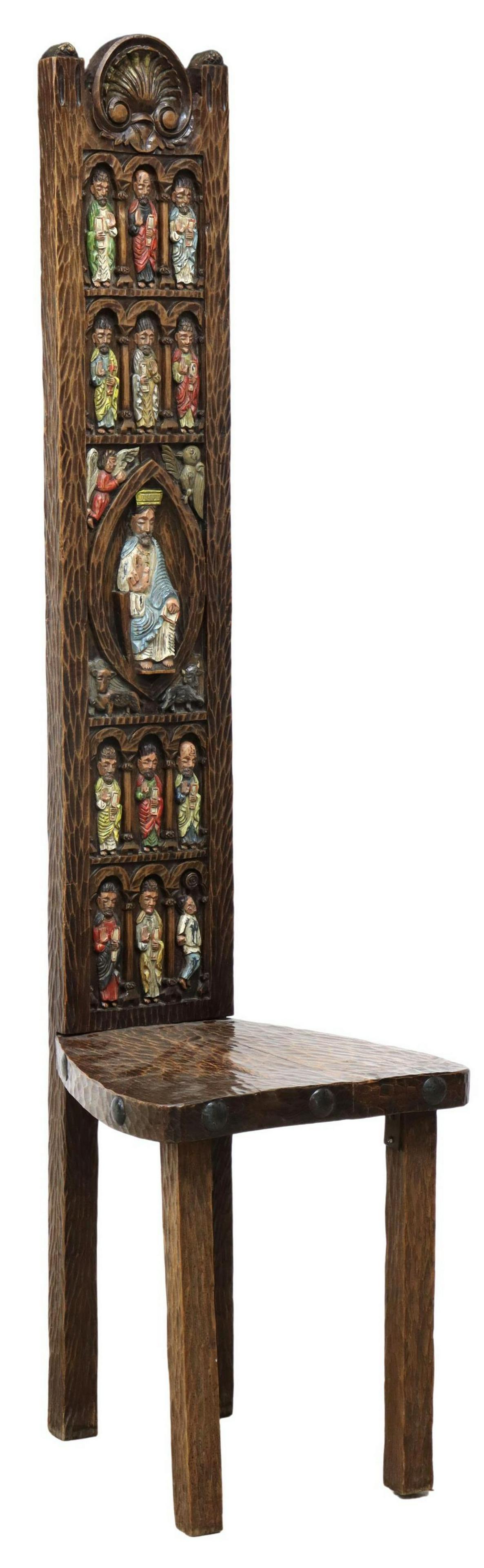 SPANISH CARVED OAK CHAIR CHRIST & TWELVE APOSTLES: Spanish carved oak chair, 20th c., tall back with shell crest, central depiction of Christ framed by symbols of the four Evangelists, twelve Apostles in niches, accented with polychrome paint, seat wi