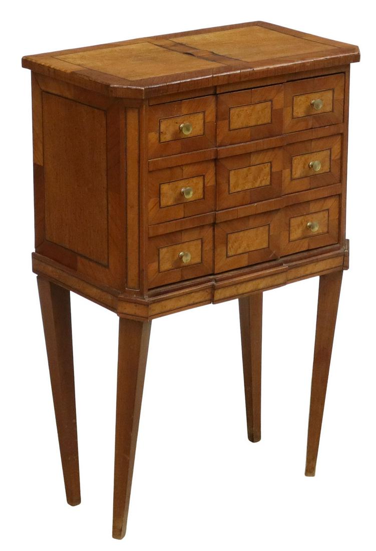 FRENCH INLAID BIRDSEYE MAPLE NIGHTSTAND: French nightstand, 19th c., mixed woods including birdseye maple, banded top, over canted case, fitted with three paper-lined drawers, top drawer with divided interior, rising on tapered square legs, 