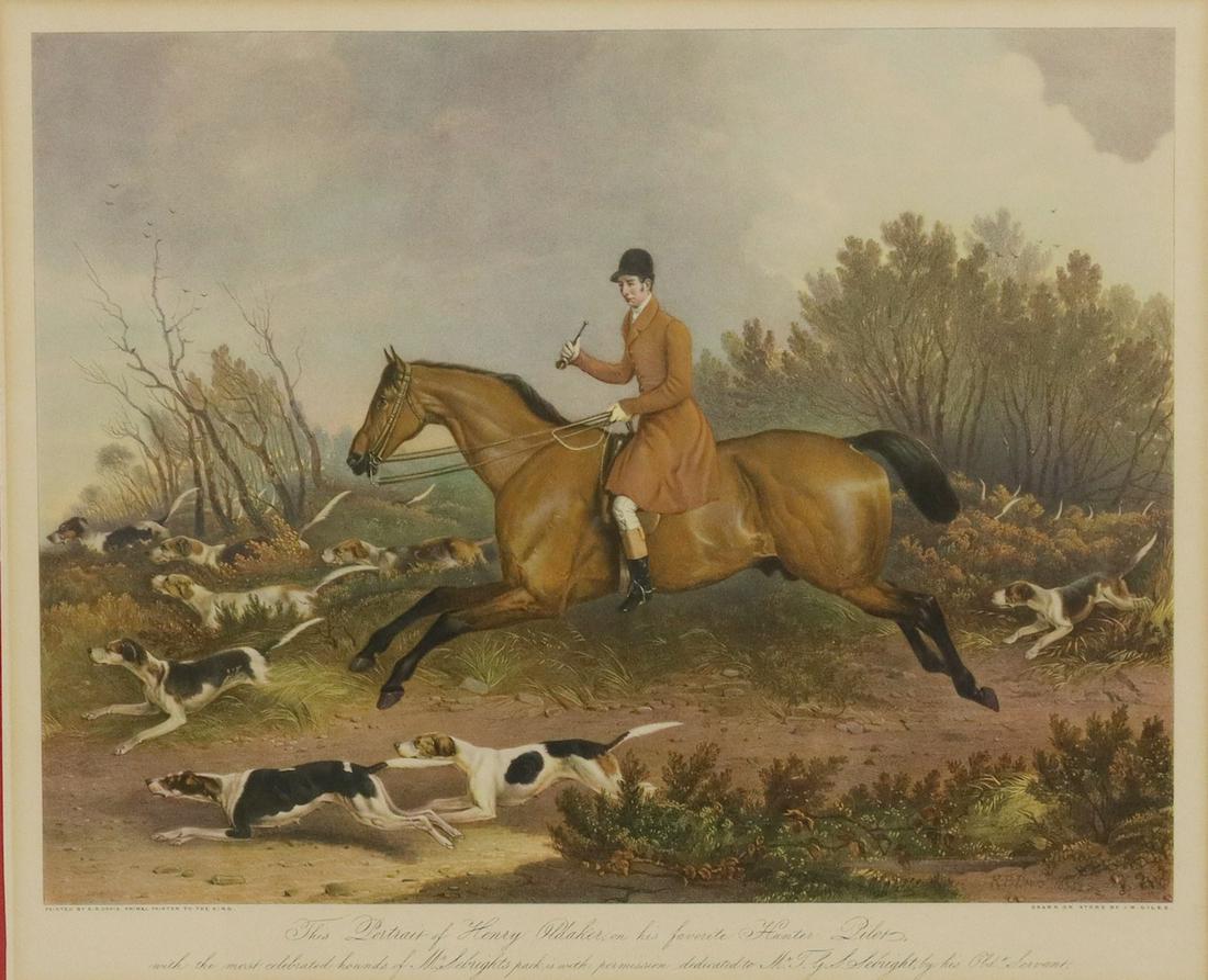 ENGLISH EQUESTRIAN FOX HUNT PRINT AFTER R.B. DAVIS: Framed offset halftone print on paper, "Portrait of Henry Oldaker on his favorite Hunter Pilot," after Richard Barrett Davis (English, 1782-1854), sight: 15.5"h, 19"w, overall: 25"h, 28.5"w, 10lbs **P