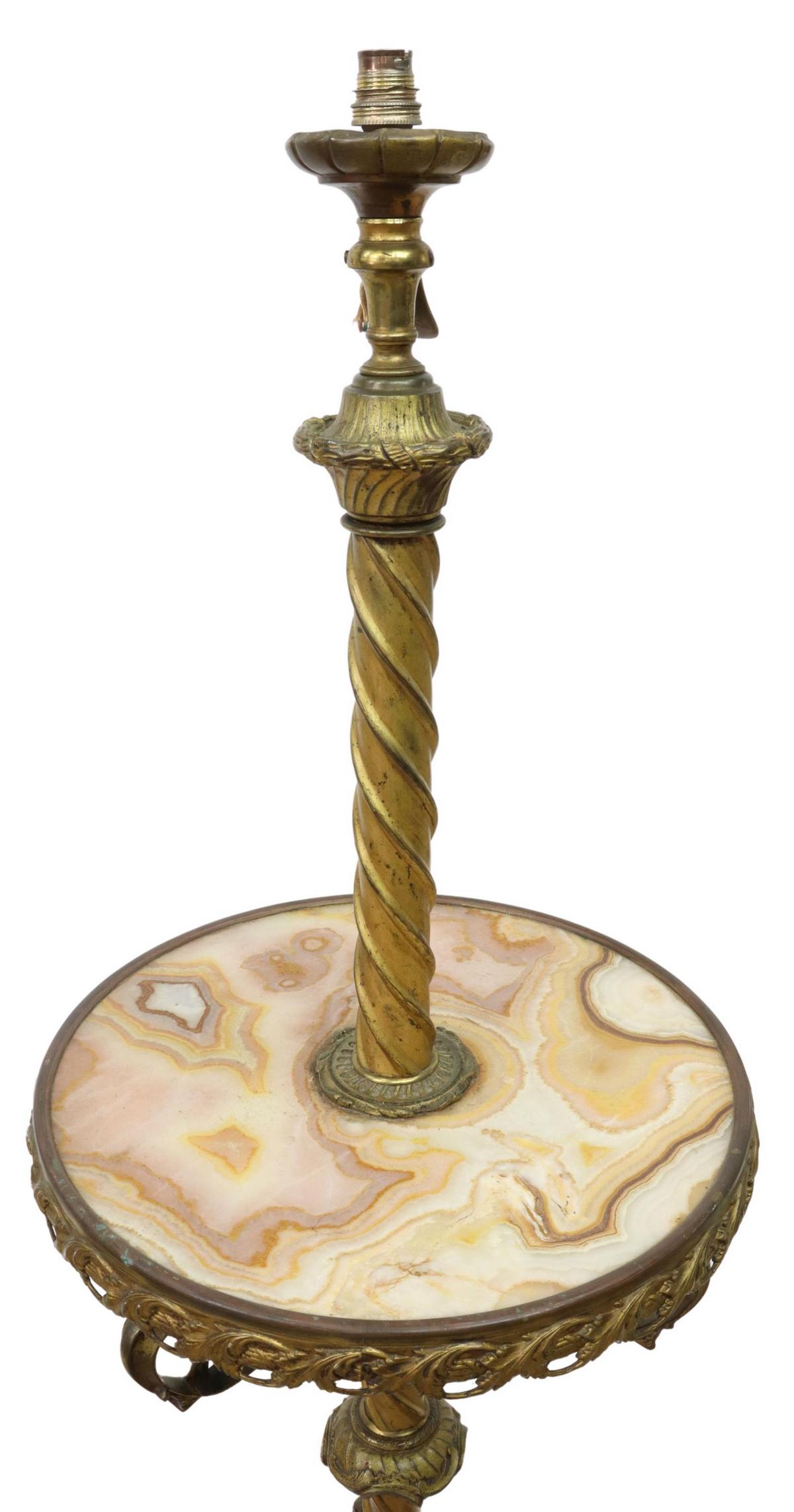 VICTORIAN GILT METAL & ONYX TELESCOPING PIANO LAMP: Victorian gilt metal and onyx piano lamp, originally fitted for oil, now electrified, having telescoping, fluted and twisted standard, over onyx medial shelf, rising on three scrolled legs, in need of