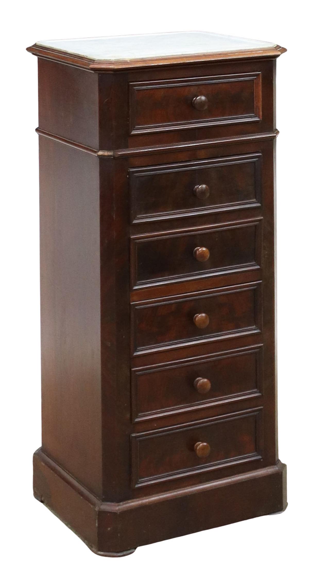 FRENCH LOUIS PHILIPPE MARBLE-TOP BEDSIDE CABINET: French Louis Philippe period marble-top mahogany nightstand, mid 19th c., inset shaped marble top, molded case fitted with top drawer over drop-front panel, opening to marble-lined interior, three add