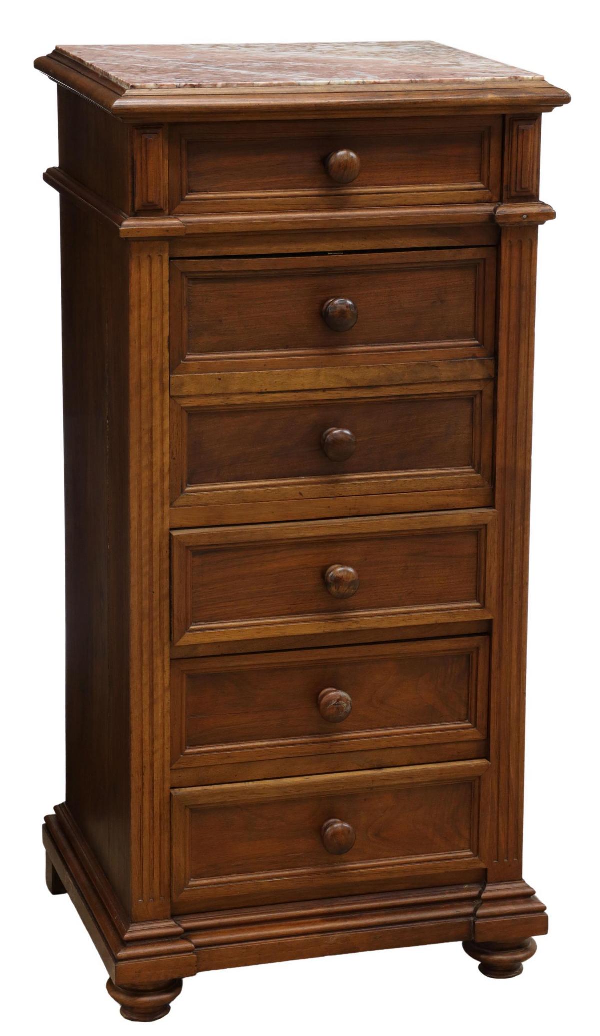 FRENCH LOUIS PHILIPPE PERIOD BEDSIDE CABINET: French Louis Philippe period walnut nightstand, mid 19th c., inset marble top, over molded case fitted with four drawers, one fall-front cabinet, rising on turned feet, approx 37.25"h, 18"w, 15"d Star