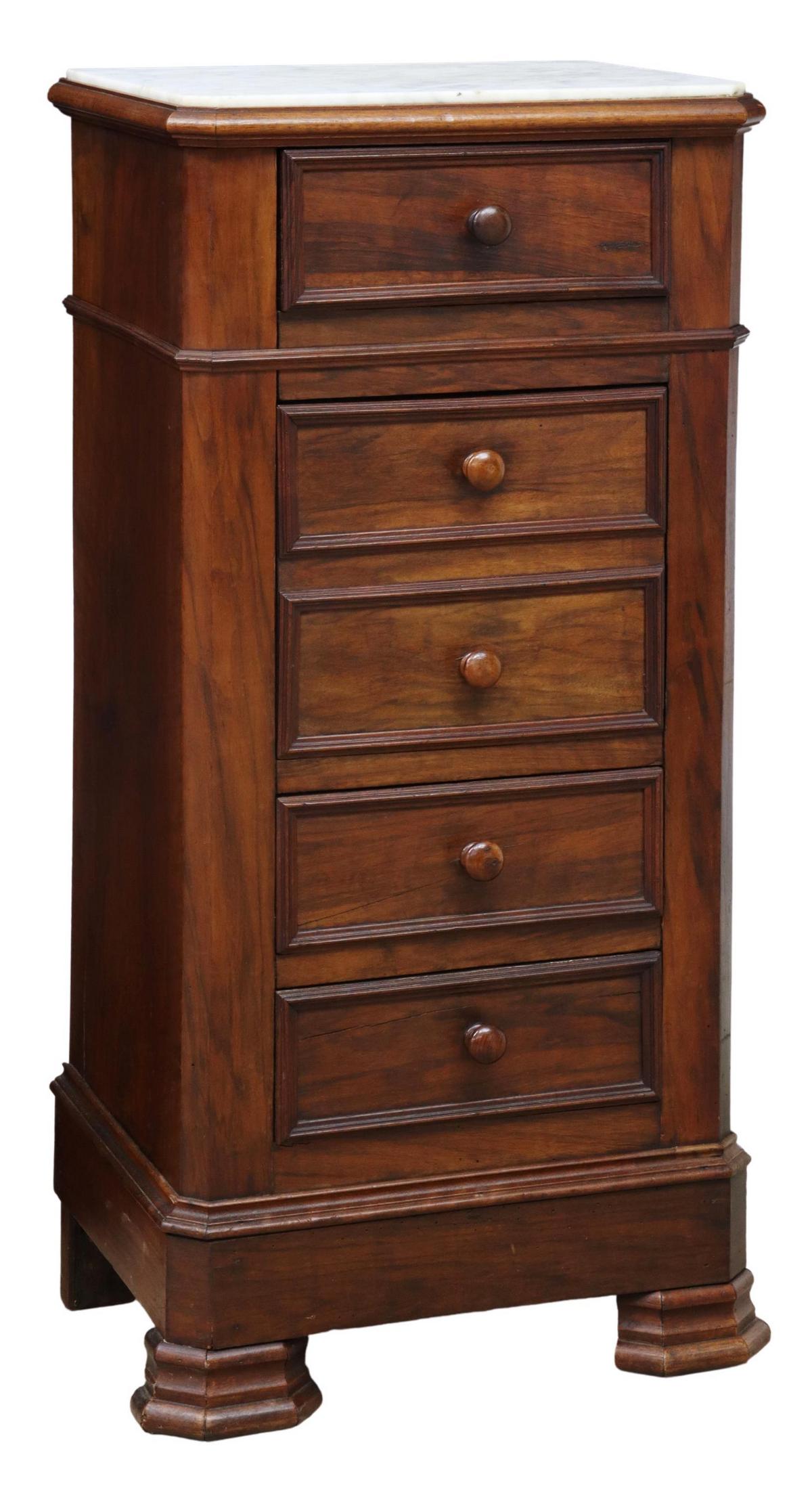 FRENCH LOUIS PHILIPPE PERIOD BEDSIDE CABINET: French Louis Philippe period marble-top mahogany nightstand, 19th c., molded case having inset marble top, over three drawers, single cabinet door, open interior, rising on bracket feet, approx 38"h, 