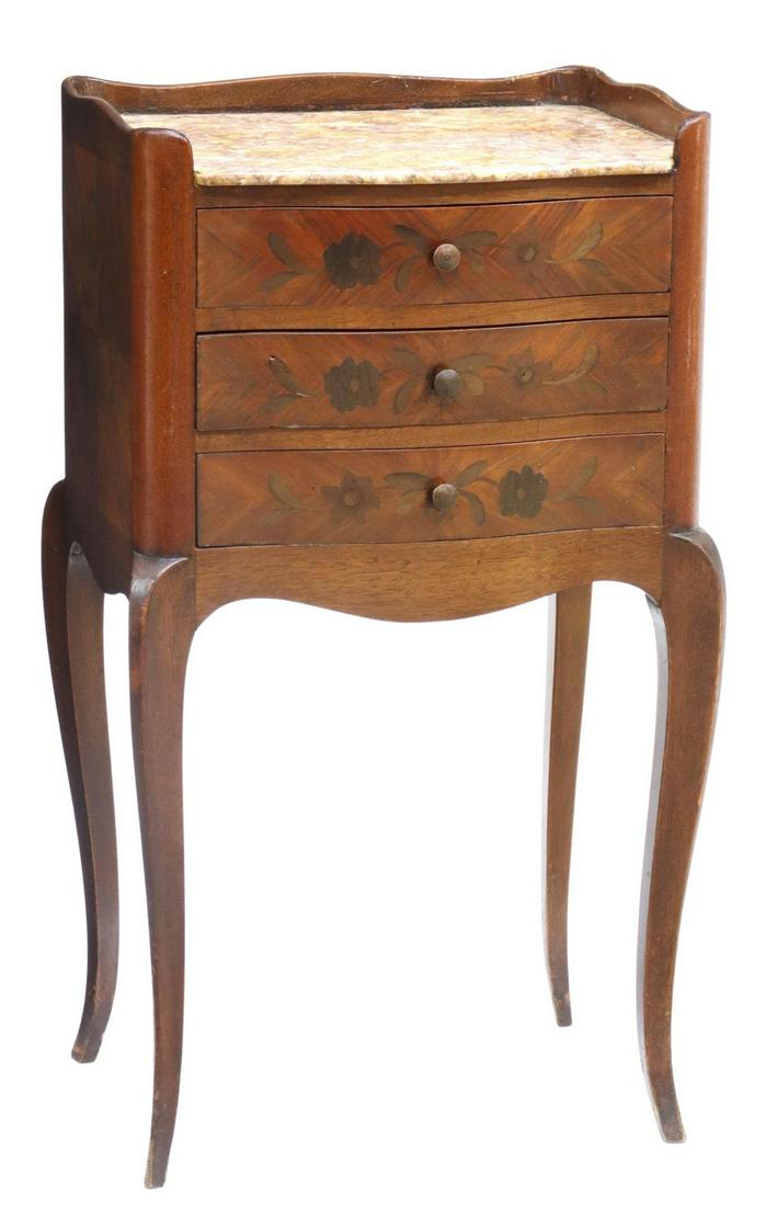 FRENCH LOUIS XV STYLE MARBLE-TOP NIGHTSTAND: French Louis XV style nightstand, 20th c., partial gallery framing the marble top, serpentine-front case with floral marquetry, three drawers, rising on cabriole legs, approx 27.75"h, 16.25"w, 12"d St