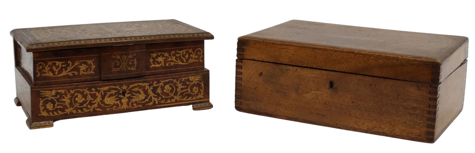 (2) MARQUETRY JEWELRY CASKET & MAHOGANY BOX: (lot of 2) Table boxes, including: (1) jewelry casket, exterior with marquetry grotesques, scrolling foliates, hinged lid, reverse with flat mirror plate, two hinged half compartments, over main compa