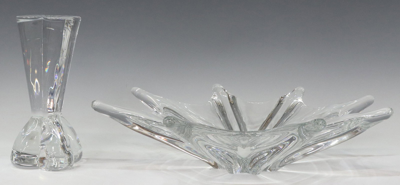 (2) BACCARAT CRYSTAL CANDLESTICK & CENTER BOWL: (lot of 2) French Baccarat crystal tableware, including: (1) "Diomede" candlestick, approx 7"h, 3.5"diam, (1) "Stella" centerpiece bowl, approx 14.25"diam; 9lbs total **Provenance: A fine Santa Fe, Ne