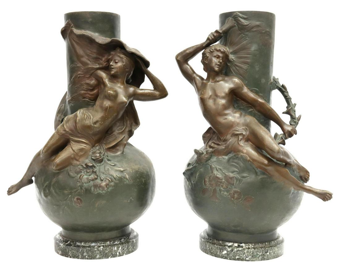 (2) AFTER LOUIS AUGUSTE MOREAU ART NOUVEAU VASES: (lot of 2) French Art Nouveau spelter vases in a bronze patina, early 20th c., after Louis Auguste Moreau (French, 1855-1919), depicting allegorical figures representative of day and night, with folia