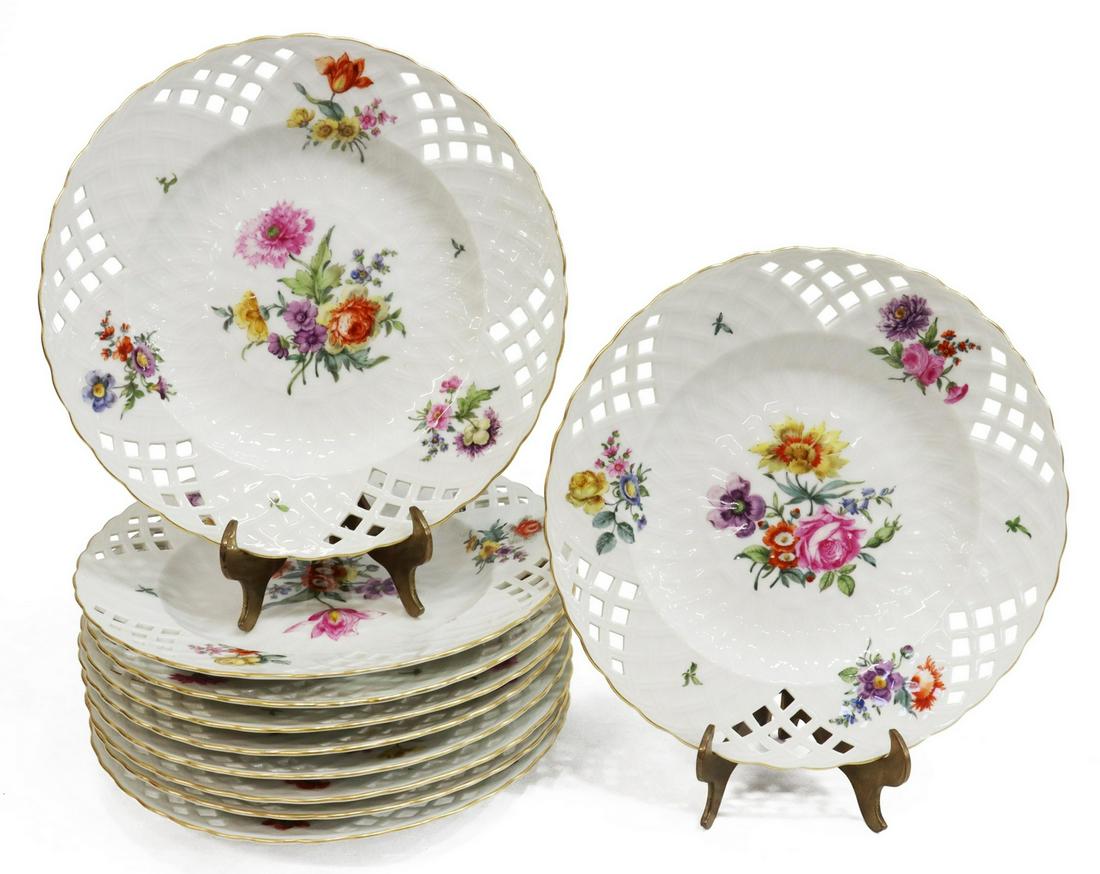 (10) KPM HAND-PAINTED RETICULATED PORCELAIN PLATES: (lot of 10) German reticulated porcelain plates, KPM (Konigliche Porzellan-Manufaktur), Berlin, mid 19th c., each having pierced border, hand-painted polychrome flowers, (one) with restoration, approx
