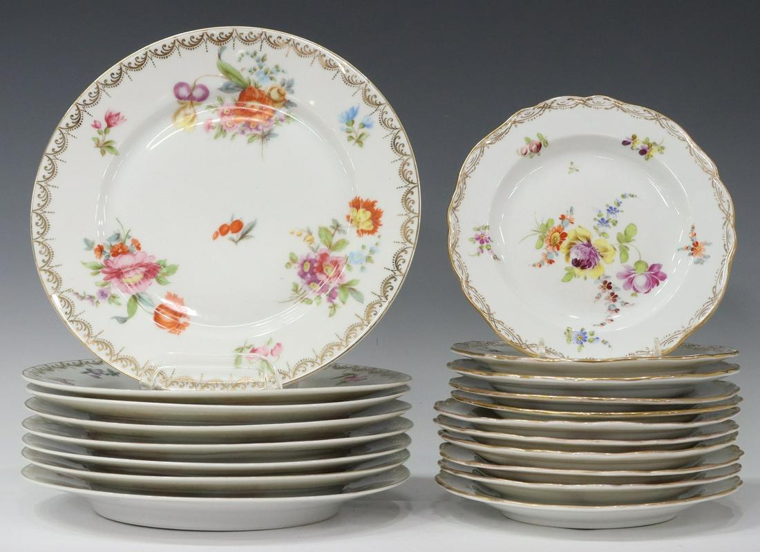 (19) MEISSEN STYLE & BAVARIA TIRSCHENREUTH PLATES: (lot of 19) German porcelain plates, in Dresden Flowers style patterns, 20th c., including: (11) Meissen style plates, slightly varied in size, largest: approx 7"diam, (8) Bavaria Tirschenreuth plates