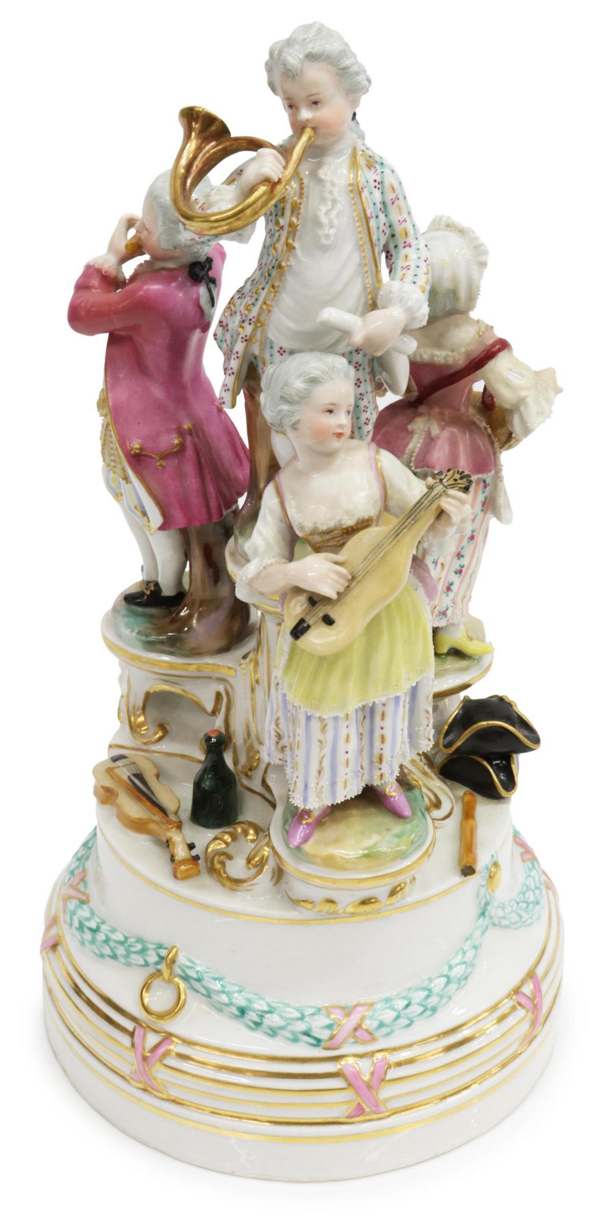 MEISSEN STYLE FIGURE GROUP MUSICIAN CHILDREN: Meissen style porcelain figure group, Four Children with Musical Instruments, after the original model designed by Johann Joachim Kaendler (German, 1706-1775), children with horn, flute, hurdy-gurdy, 