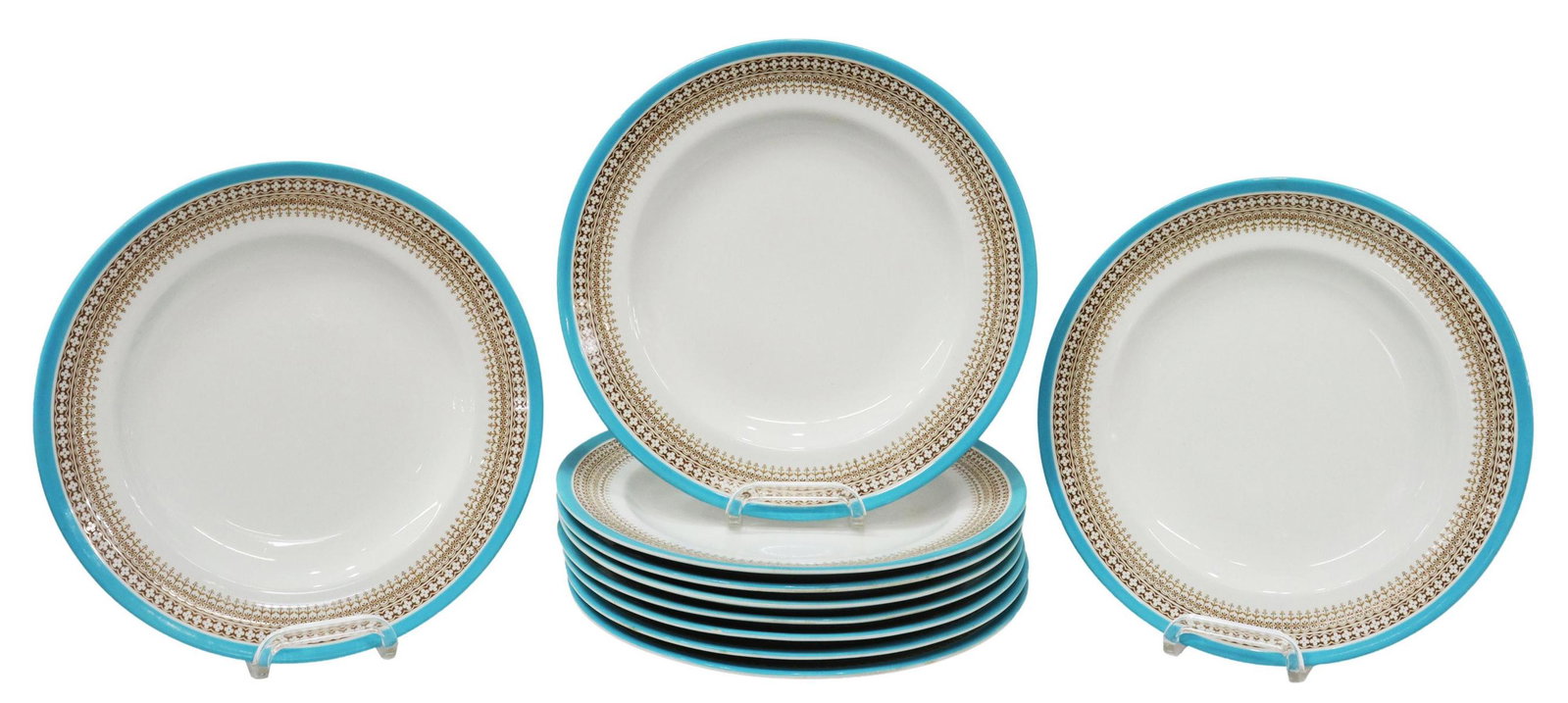 (10) ENGLISH ROYAL WORCESTER PORCELAIN PLATES: (lot of 10) English Victorian Royal Worcester porcelain plates, c.1887-1894, turquoise rim, light brown repeated geometric band, approx 10 5/8"diam; 13lbs total **Provenance: A fine Santa Fe, New Mexi