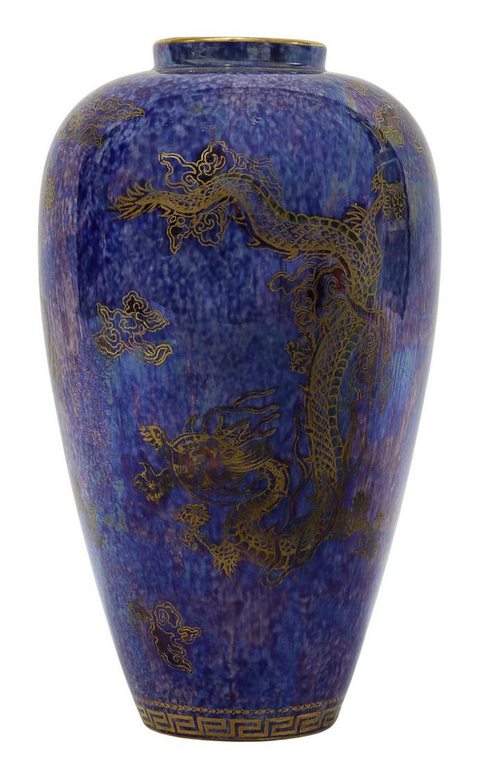 ENGLISH WEDGWOOD MAKEIG-JONES DRAGON LUSTRE VASE: English Wedgwood dragon lustre bone china vase, designed by Daisy Makeig-Jones (English, 1881-1941, famous for her Fairyland Lustre pattern), early 20th c., tapered form, with gilt fretwork border, ce