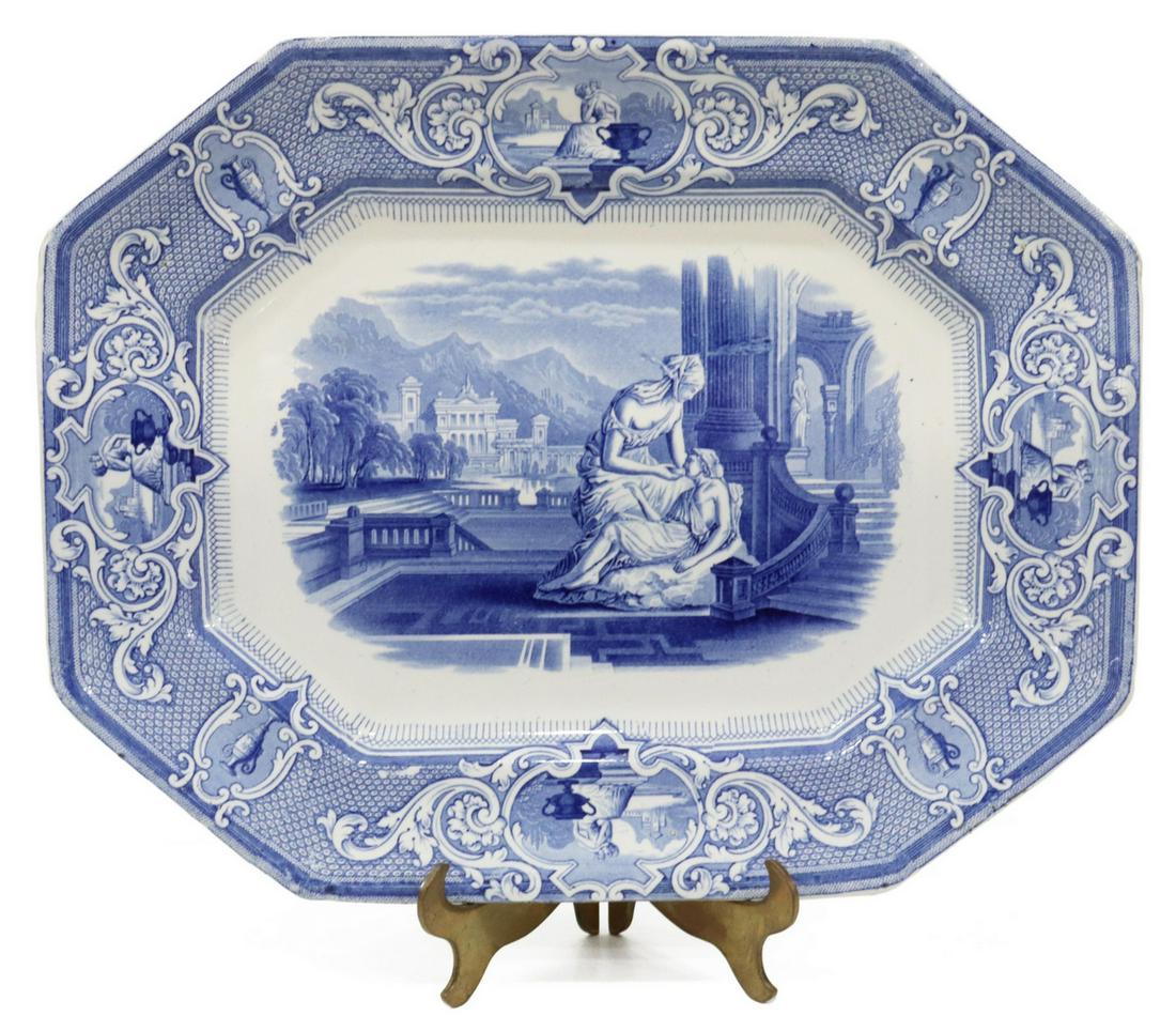 ENGLISH STAFFORDSHIRE BLUE & WHITE SERVICE PLATTER: English Staffordshire Sydenham series ironstone platter, Joseph Clementson for Davenport Brothers, New York, mid 19th c., border with cartouches containing an image of a statue and handled urn, flanke