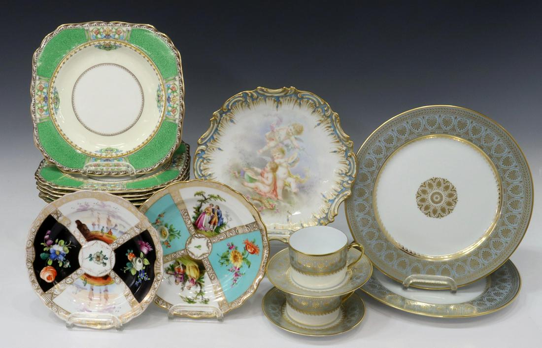 (15) GILT PLATES, MINTON, LIMOGES, SEVRES STYLE: (lot of 15) Parcel gilt cabinet plates, including: (6) Minton salad plates, each with gilt trim, green border with raised foliate motifs, approx 8.5"w, (6) Bernadaud Limoges "Elysee" items, comprising