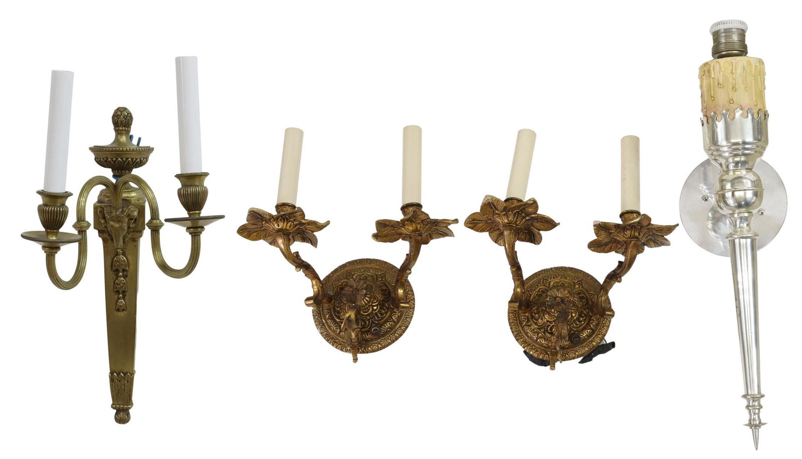 (4) SCONCES, LOUIS XVI STYLE BRONZE RAM'S HEAD: (lot of 4) Metal wall sconces, 20th c., including: (1) French Louis XVI style bronze scone, tapered standard with Neoclassical urn, ram's head, issuing two scrolled arms, ending in faux candles, appro
