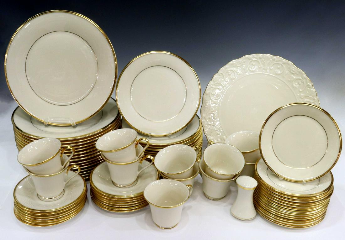 (68) LENOX 'ETERNAL' BONE CHINA DINNER SERVICE: (lot of 68) Lenox "Eternal" Dimension Collection bone china dinner service, each having gold trim, marked underfoot, comprising: (12) dinner plates, approx 10.75"diam, (14) salad plates, approx 8"diam