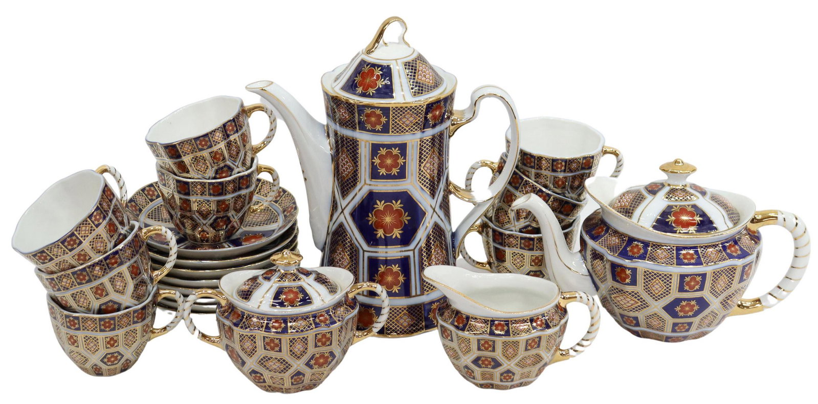 (20) IMARI PALETTE PORCELAIN TEA & COFFEE SERVICE: (lot of 20) Porcelain tea and coffee service, in the Imari palette, with gilt trim, late 20th c., unmarked, including: (1) coffee pot, 10.25"h, (1) teapot, 6.25"h, (1) creamer, 3.5"h, (1) covered suga