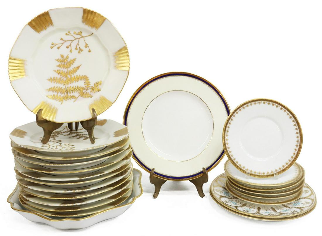 (22) CONTINENTAL PORCELAIN TABLE & CABINET ITEMS: (lot of 22) Collection of Continental porcelain cabinet and tableware, comprising: (12) Jean Pouyat parcel gilt cabinet plates, decorative borders center raised gilt ferns and foliates, (one) plate wi