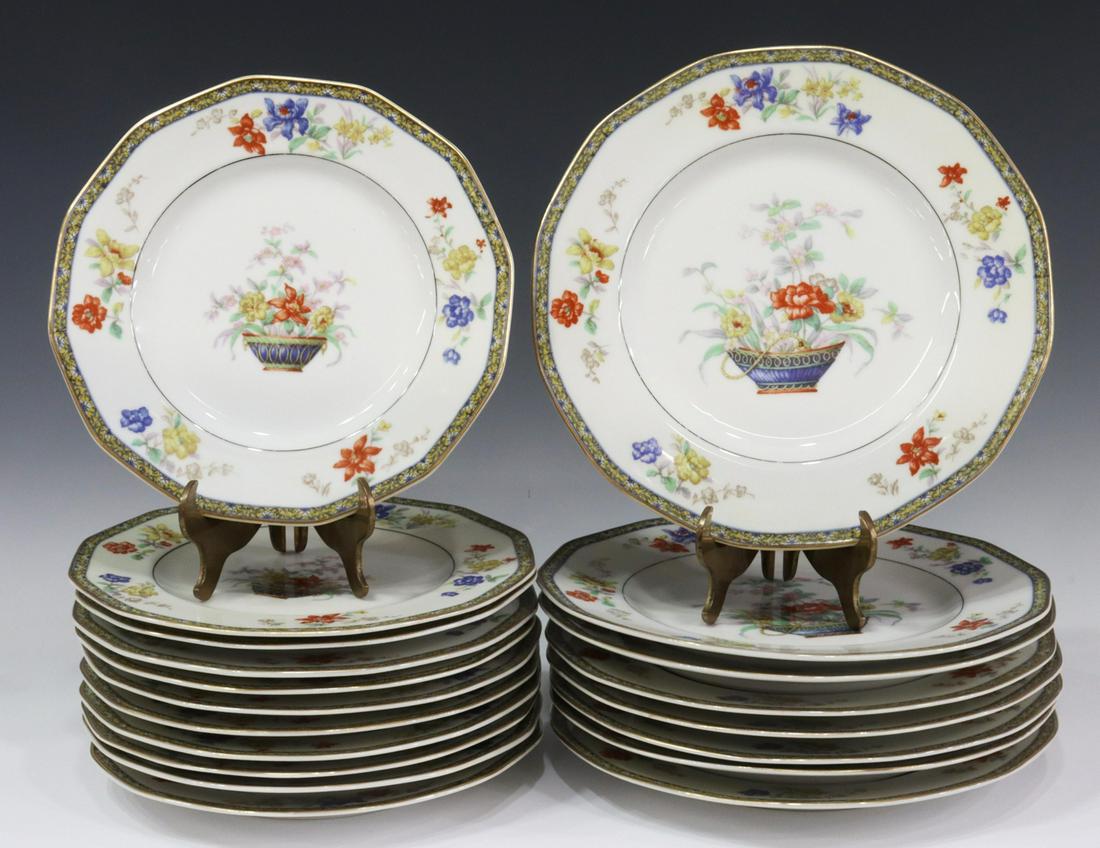 (19) FRENCH HAVILAND LIMOGES 'COROMANDEL' PLATES: (lot of 19) French Limoges porcelain partial service, Theodore Haviland, in the "Coromandel" pattern, with flower basket, including: (8) dinner plates, 9 5/8"diam, (11) luncheon plates, 8 5/8"diam; 17