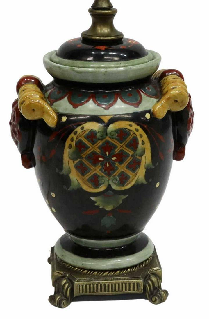 DECORATIVE PAINTED VASE-FORM TABLE LAMP: Decorative vasiform table lamp, late 20th c., polychrome glazed body with stylized handles, on metal base, overall: approx 23"h, 11"w, 11"d, 6.5lbs **Provenance: A fine Santa Fe, New Mexico estate col