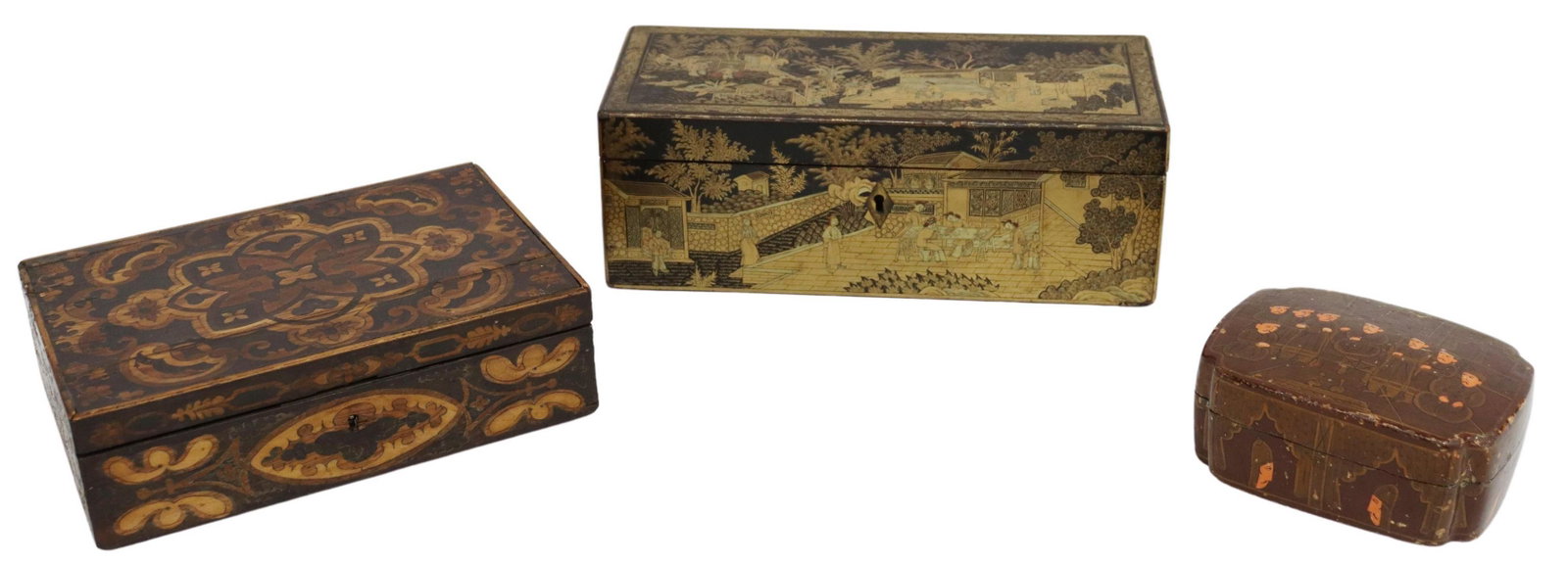 (3) LACQUERED & MARQUETRY DECORATIVE TABLE BOXES: (lot of 3) Decorative table boxes, including: (1) Chinese lacquered parcel gilt box, depicting figural village scene, with foliate border, interior fitted with removable tray, loss to hinges, (1) marq