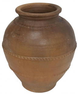 ANTIQUE SPAIN POTTERY OLIVE JAR, STAR OF DAVID: Northern Spain pottery olive jar, 19th c., decorated with raised decoration and incised with the Star of David, Navarre, wear/loss consistent with age, 16.5"h, 15"w, 15"d, 18lbs