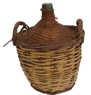 VINTAGE NORTHERN SPAIN WINE BOTTLE, WICKER BASKET: Spanish wine bottle in a old handled wicker basket, first half 20th c., the rim marked VIRESA in raised lettering, 19.5"h, 14"w, 14"d, 8.75lbs