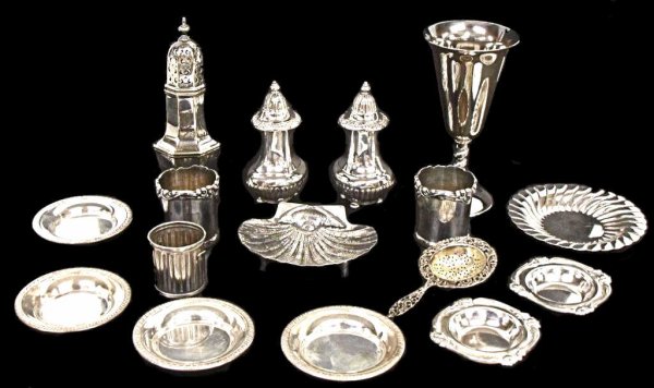 COLLECTION OF STERLING SILVER & PLATE, PERU: (lot of 16) Collection of sterling and silver plate tableware comprising: a sterling piece in the form of a waste basket, 2"h; (2) Camusso, Peruvian "esterlina" cups, marked 925, 2.75"h; 900 silver sh