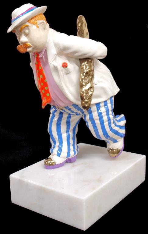 LIMITED EDITION BRONZE, PIPE MAN, HIRO YAMAGATA: Limited edition painted bronze sculpture, Pipe Man in Striped Pants, by Hiro Yamagata (Japanese, 1948-), a Martin Lawrence Galleries Limited Edition, 275/275, signed Yamagata and marked for both on th