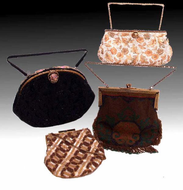 VINTAGE & VICTORIAN LADIES BEADED PURSES, FRANCE: (lot of 4) Vintage ladies beaded purses including; (1) Victorian beaded bag having a gold ground accented with green, purple, and orange beads, the gilt metal frame in a Greek Key motif, silk liner wi