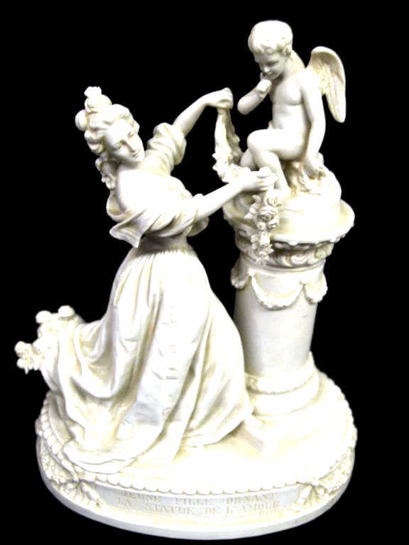 PARIAN WARE FIGURAL GROUP AFTER ALEXANDRE ROSLIN: Parian ware figural group after the painting by Alexandre Roslin (1718 -1793), "Jeune Fille Ornant La Statue De L'Amour d'apres Roslin" ("Young Girl Decorating the Statue of Love d' after Roslin"), ap