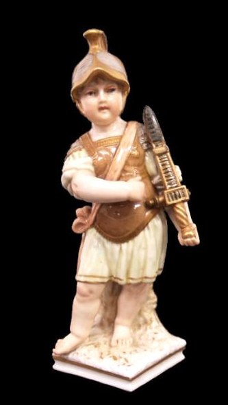 ANTIQUE KPM BERLIN PORCELAIN FIGURE, BOY SOLDIER: KPM (Royal Porcelain Factory, Berlin) porcelain figure of a boy dressed as a Roman soldier, KPM mark in orange, blue scepter, incised numbers, 5"h, .50lb **Condition~ Examination under a blacklight sh