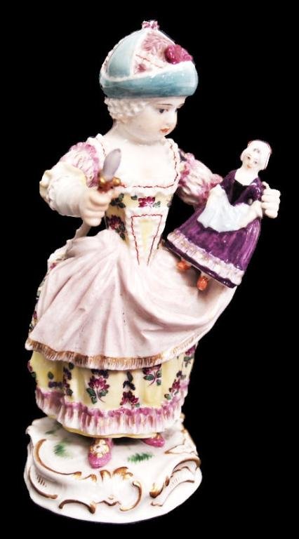MEISSEN PORCELAIN FIGURE, CHILD WITH DOLL & BIRD: Meissen porcelain figure modeled as a young girl, late 19th c., the regally dressed child holds her doll in one hand, while a parakeet is perched in the other, blue crossed sword mark, incised C79, im