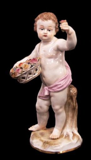 MEISSEN PORCELAIN FIGURE, BOY WITH FLOWER BASKET: Meissen porcelain figure, mid 19th/early 20th c., modeled as a boy presenting a flower and holding a flower basket, marked with blue crossed swords underglaze, incised AG4,stamped 152, painter's mark 