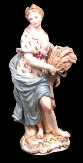 MEISSEN PORCELAIN FIGURE, THE GODDESS DEMETER: Meissen porcelain figure, mid 19th/early 20th c., modeled as the goddess Demeter holding sheaf of wheat and sickle, wheat diadem in hair, gilt details, blue crossed swords mark underglaze, stamped 78,