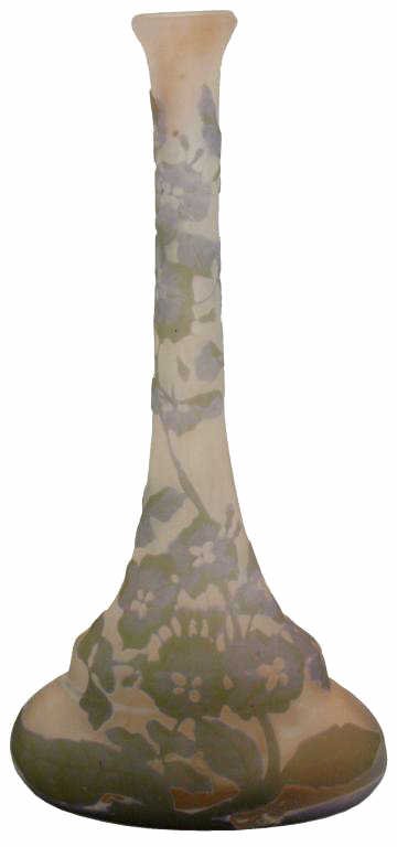 GALLE FRENCH CAMEO GLASS VASE WITH STAR 9.75": French cameo glass vase, signed in cameo Galle with star, post 1904, gray violets on a frosted ground fading to light brown, 9.75"h, 4.75"w, 2.5"d, 1lb