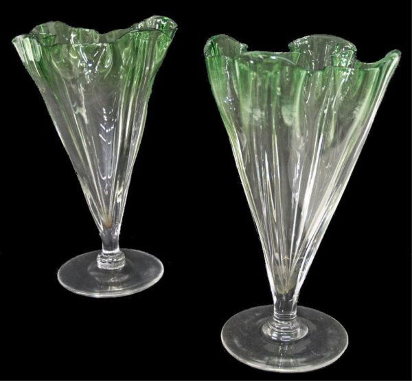 STEUBEN GREEN TO CLEAR HANDKERCHIEF VASES: (lot of 2) Steuben green to clear handkerchief vases, unmarked, one with chip at rim, 9"h, 5"d