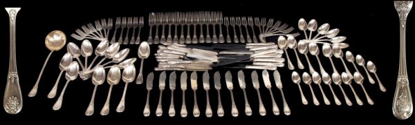 ANTIQUE ODIOT 950 SILVER FLATWARE, EMILE PUIFORCAT: (118 pieces) Extensive French, Odiot 950 silver flatware service for (12) plus extras, a modified version of the "Louveciennes" pattern each piece finely ornamented in a shell and scroll motif with be