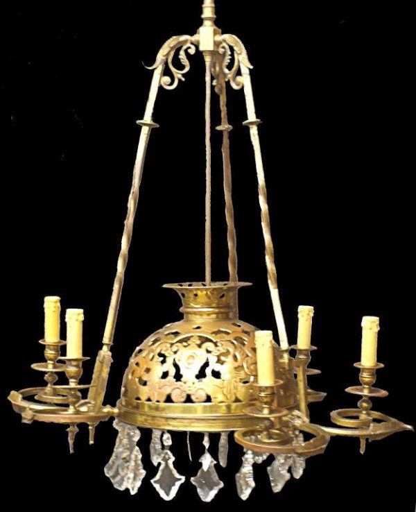 ANTIQUE NORTHERN SPAIN CHANDELIER GRIFFIN SHADE: Northern Spain chandelier, c. 1910, brass with pierced shade including Griffins, (7) lights, 36"h, 28"w