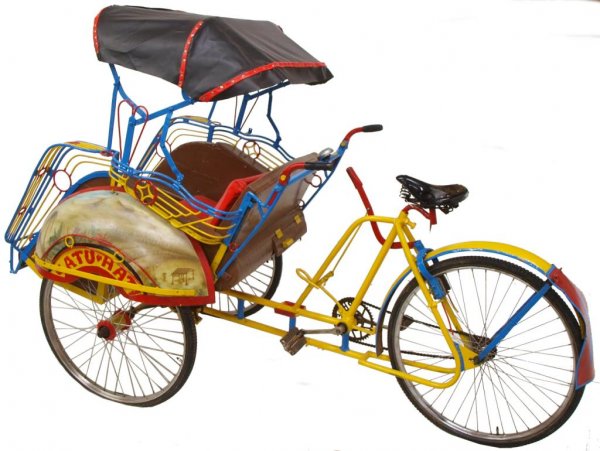 UNUSUAL JAKARTA HAND PAINTED BICYCLE RICKSHAW: Unusual bicycle rickshaw from Jakarta, brightly painted in blue, yellow, and red with hand painted scenic wheel covers, complete with folding roof and bell, tires in need of air, 64"h, 91"l, 47"w(h211