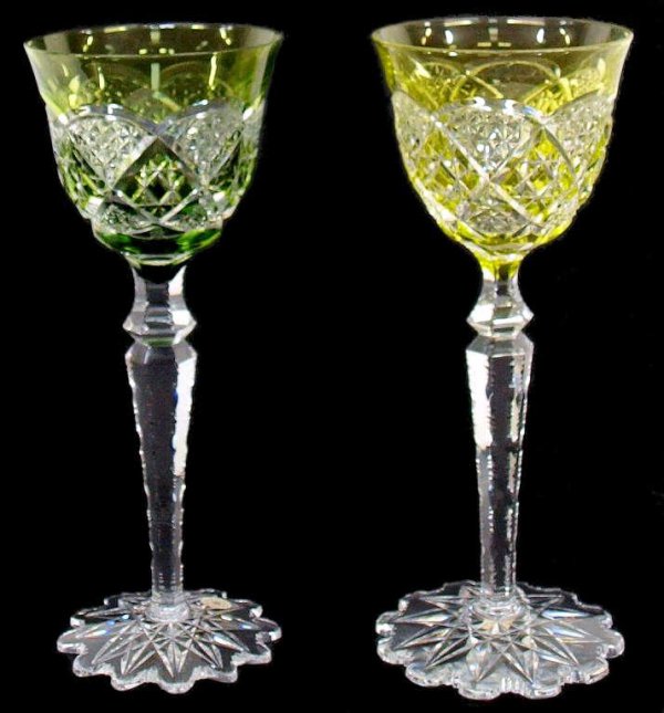 (2) CUT CRYSTAL WINE STEMS VAL ST. LAMBERT: (lot of 2) French wheel cut crystal stemware by Val St. Lambert, fabulous cut and notched designs, (1) in green, (1) chartreuse, 8.5"h, 2lbs total
