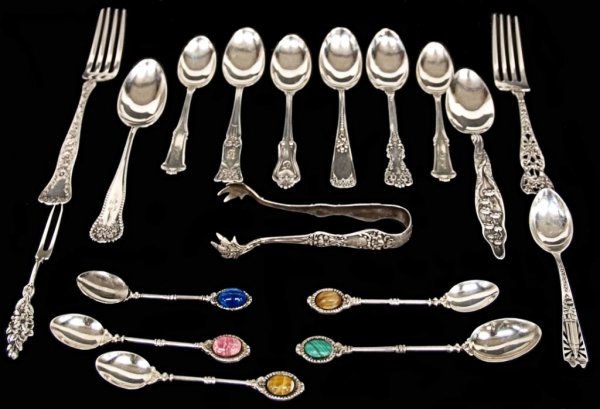LARGE ANTIQUE STERLING SILVER FLATWARE GROUPING: Sterling silver flatware grouping, assorted pieces and makers including: fork by Watson in the Holly pattern, Gorham 1901 floral embossed fork, small cocktail fork, assorted spoons by makers such as W