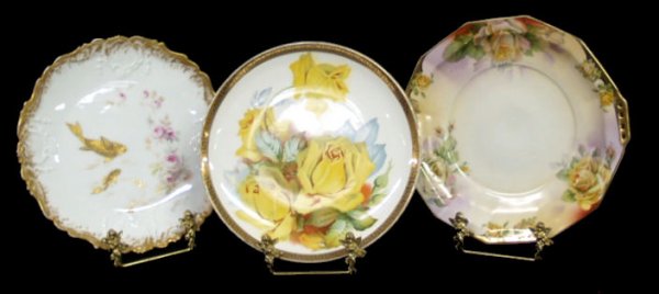 LIMOGES FISH PLATE & ARTIST SIGNED PLATES (3): (lot of 3) Limoges France fish plate, CA mark (C. Arenfeld), gold color fish swimming on white ground with roses, gilt rim, 9.25"d; Royal Rudolstadt Prussia plate, hand painted floral pattern with ret
