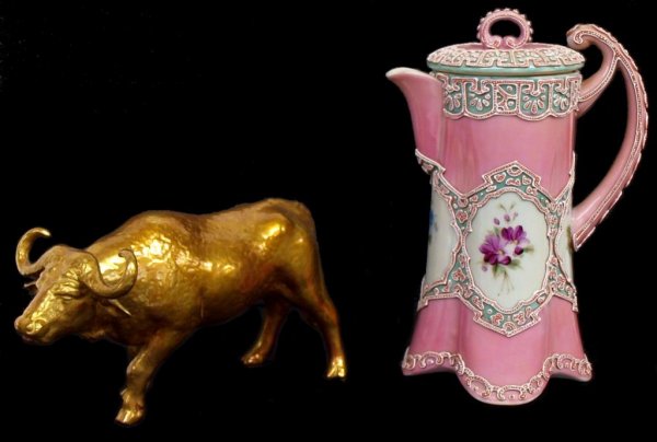 NIPPON CHOCOLATE POT & COALPORT GILT WATER BUFFALO: (lot of 2) Nippon Chocolate Pot, pink ground with green & pink moriage panels at top, at center four moriage bordered white porcelain floral decorated panels, not signed, 9.25"h, 6"w, 4.5"d.; Coalport